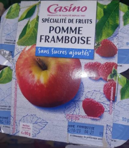 Purée De Fruits Pomme Framboise sans sucres ajoutés Casino 4 x 100g