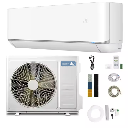 CLIMATISEUR UNITE AIRE 9000-24000 BTU Climatiseur mural split blanc avec unité intérieure et unité extérieure, présenté avec télécommande, câbles, tuyaux et accessoires d’installation complets.