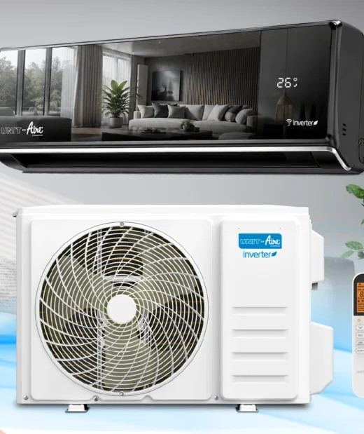 Climatiseur split mural Unit-Aire WTCBV Inverter noir effet miroir avec affichage LED, unité extérieure et télécommande