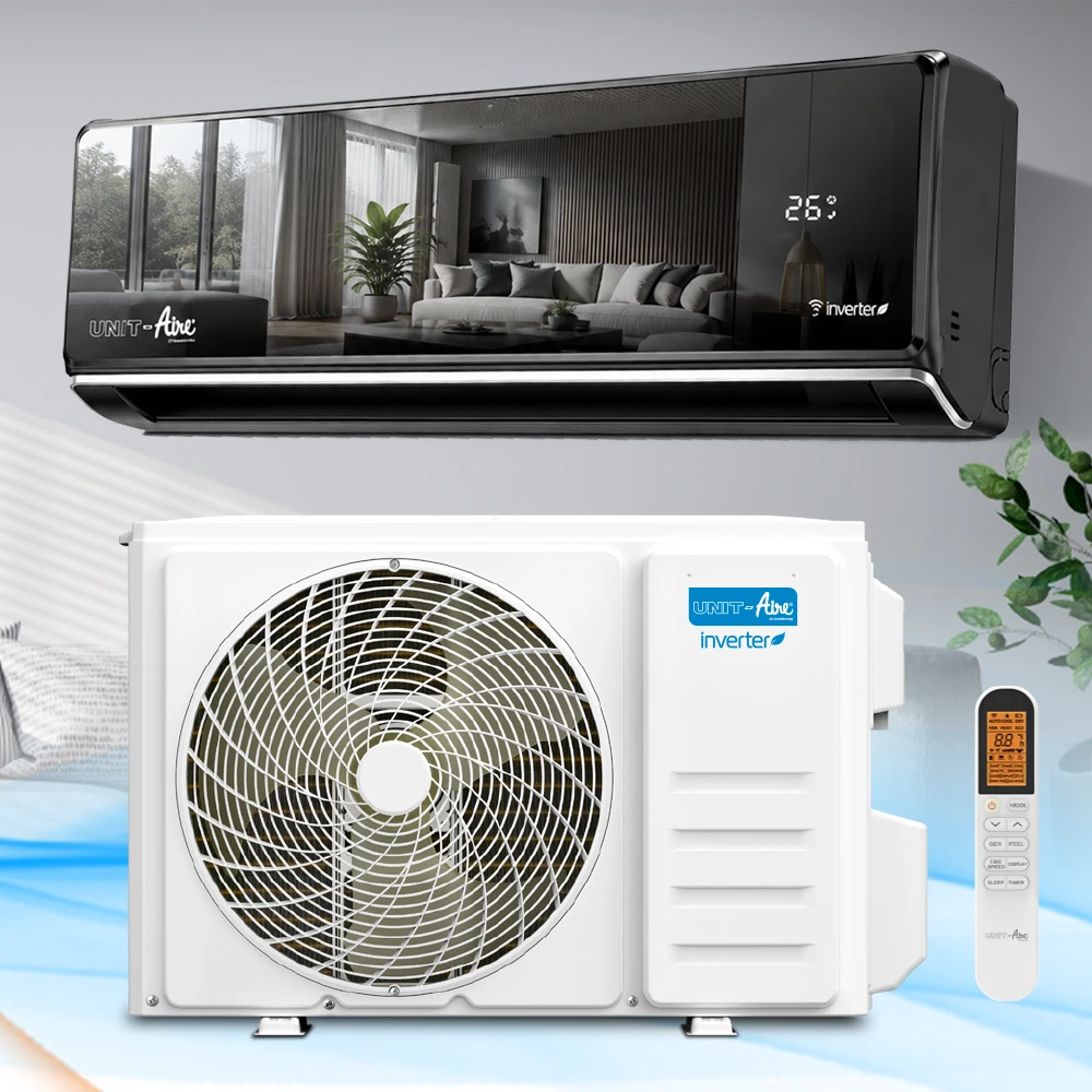 Climatiseur Unit-Aire WTCBV Inverter Noir Effet Miroir Climatiseur split mural Unit-Aire WTCBV Inverter noir effet miroir avec affichage LED, unité extérieure et télécommande